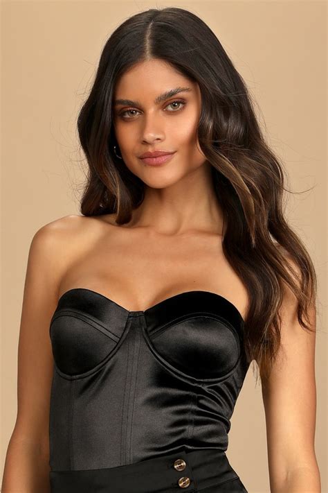 Black Satin Bodysuit Strapless Bodysuit Corset Top Lulus