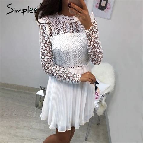 Simplee Sexy Lace Floral Women Short Dress Hollow Out Long Sleeve Mesh