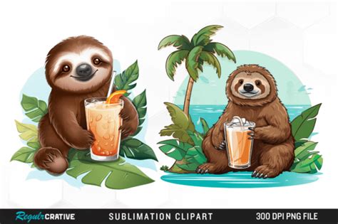 Watercolor Sloth Tropical Drink Clipart Graphic By Regulrcrative