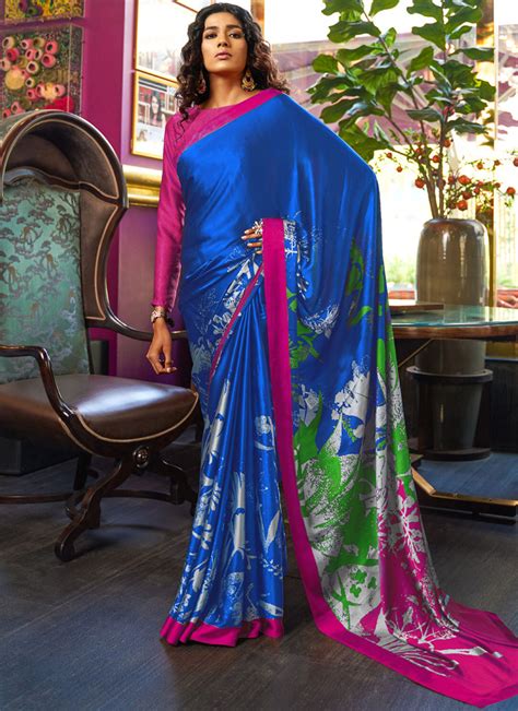 Printed Saree Abstract Print Satin In Multi Colour Crepe Saree Satin