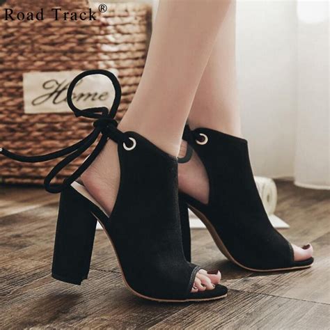 Road Track Women Black Peep Toe Shoes Summer Ankle Strap Platform