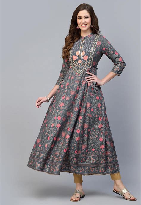 Buy Printed Rayon Aline Kurta In Grey Online TPH42 Utsav Fashion