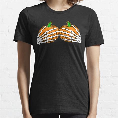 Skeleton Hands On Pumpkin Boobs Funny Halloween Boob Women T Shirts