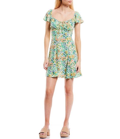 I N San Francisco Floral Print Short Sleeve Godet Hem Tie Front Dress