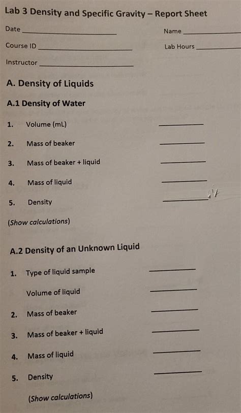 Solved Lab Density And Specific Gravity Report Sheet Chegg