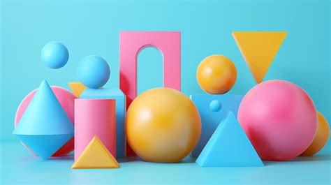 Colorful 3D Shapes Composition With Balls Pyramids And Arch Premium