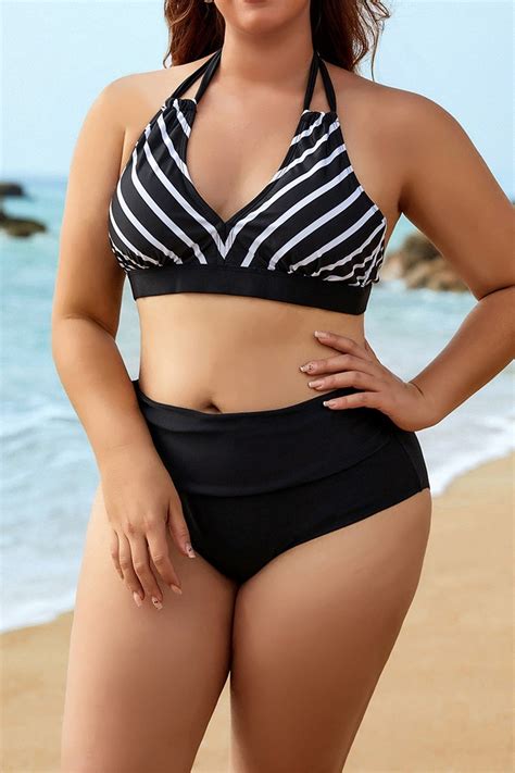 Stripe Halter Foldover Brief Bikini Set Cherieday