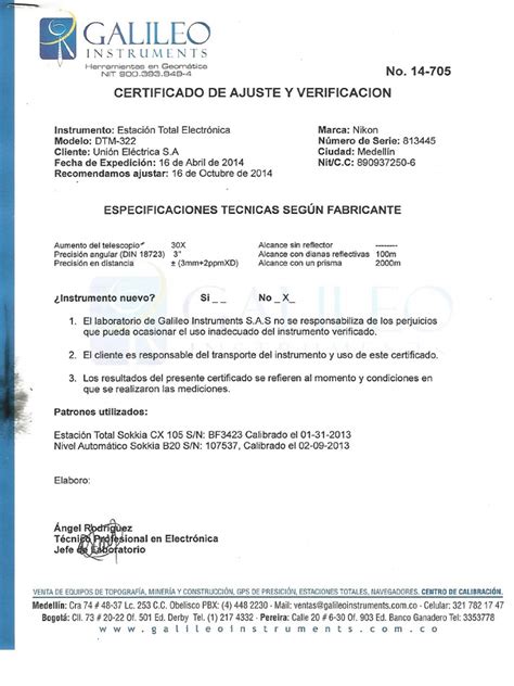 Certificado De Calibración Estación Total Pdf