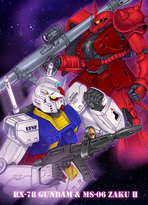 Rx 78 2 And Zaku Ii S Char Custom Gundam And 1 More Drawn By Johnr