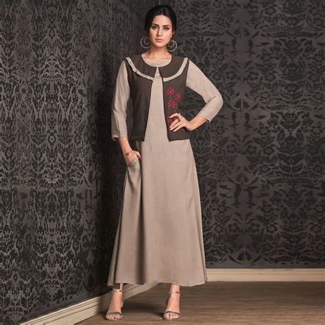 Eye Catching Light Gray Colored Partywear Embroidered Rayon Long Kurti With Koti