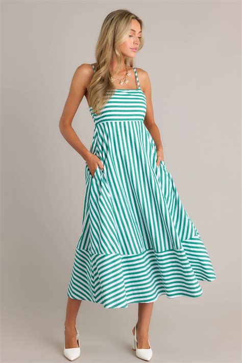 100 Cotton Green Stripe Midi Dress All Dresses Red Dress