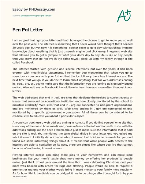 Pen Pal Letter Essay Example