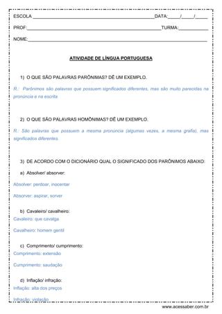 Atividade De Portugues Paronimos E Homonimos E Ano Respostas Pdf