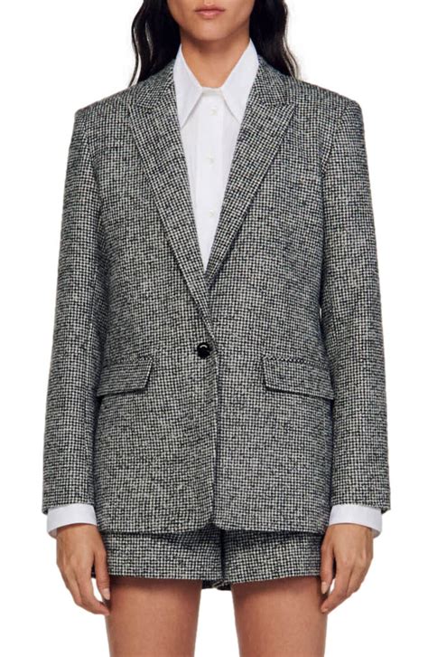 Sandro York Houndstooth Wool Blend Blazer White Black Editorialist