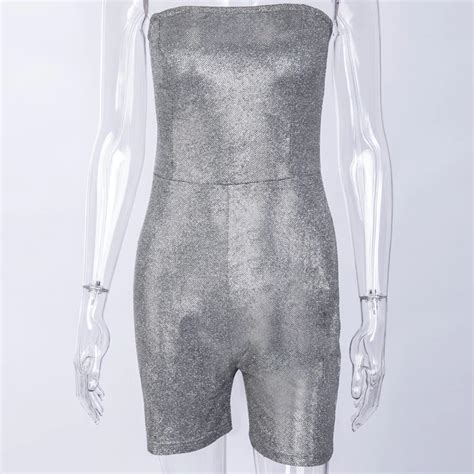 Anjamanor Silver Glitter Sexy Romper Women Bandage Bodycon Jumpsuits 2019 Summer Festival Rave