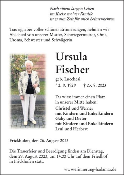 Traueranzeigen Von Ursula Fischer Vrm Trauer De