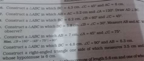 6 Construct A Abc In Which Bc43 Cm∠c45∘ And Ac6 Cm 7 Construct A