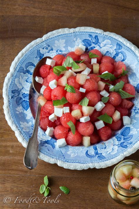 Watermelon With Goats Cheese Basil And Sweet Pickled Watermelon Food And Tools