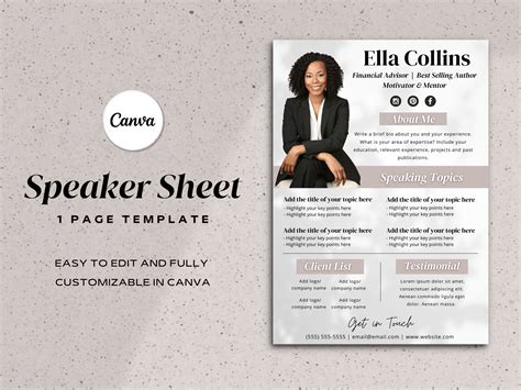 Speaker One Sheet Speaker Sheet Template Canva Professional Speaker Sheet Event Promo Flyer