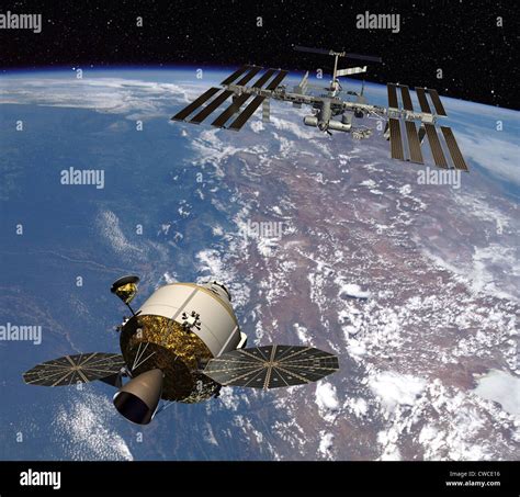 Artwork of the next generation NASA spacecraft, the Orion crew exploration vehicle, approaching ...