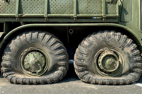 Kyiv Ukraine August 2022 Flat Tire On Old Military Or Truck Vehicle