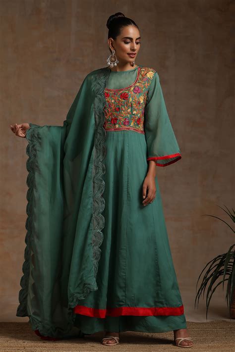 Buy Green Organza Embroidery Kashmiri Bodice Anarkali Flared Pant Set