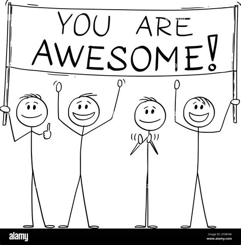 Group Of People Holding You Are Awesome Sign Vector Cartoon Stick