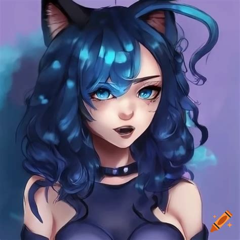 Cat Girl With Dark Blue Curly Hair And Black Eyes On Craiyon