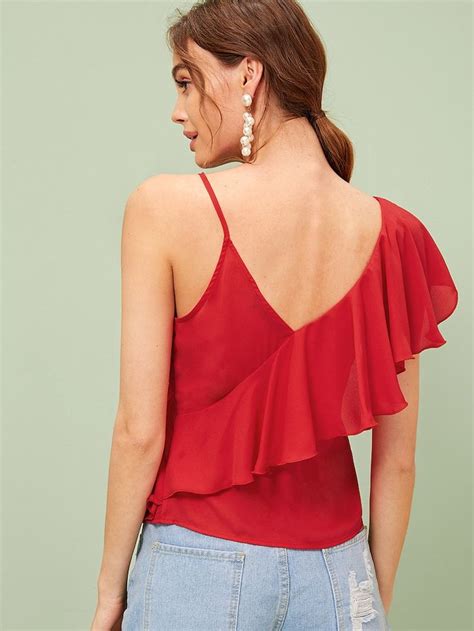 Shein Double V Neck Ruffle Detail Cami Top Cami Tops Tops Top Outfits