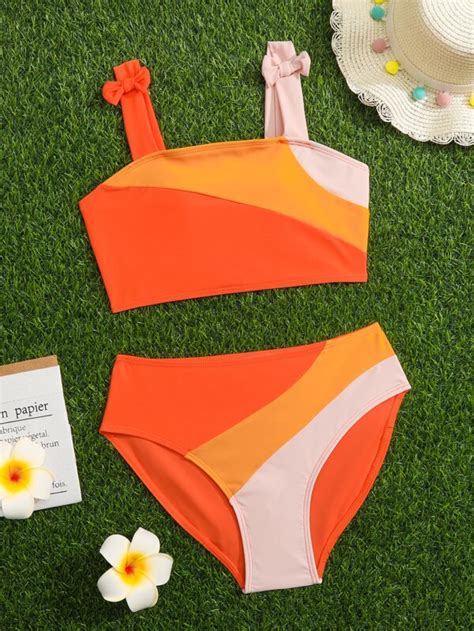 Shein Teen Girls Colorblock Bow Shoulder Bikini Swimsuit Shein Usa