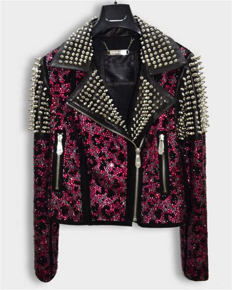 Philipp Plein Women Pink Paradise Leather Biker Jacket Leather Guys