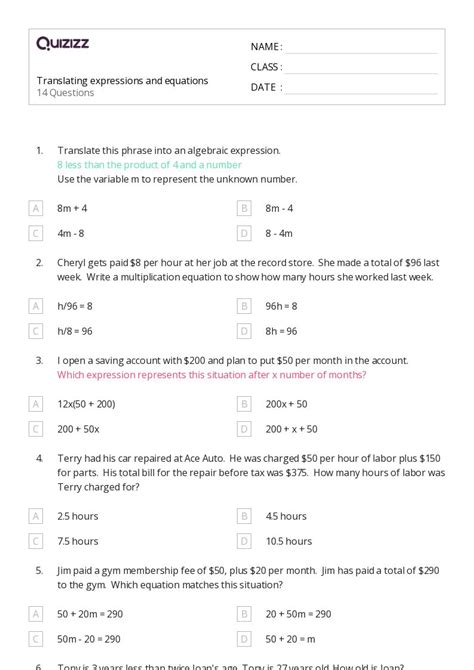 50 Expressions And Equations Worksheets For 9th Grade On Quizizz Free And Printable