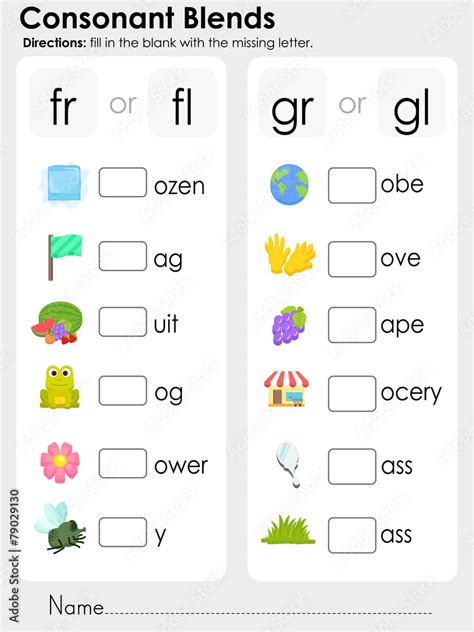 Consonant Blends Missing Letter Worksheet For Education Stock