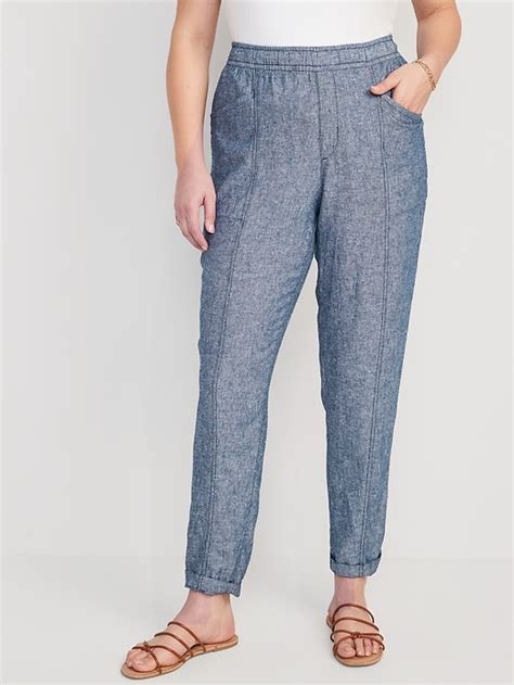 High Waisted Chambray Cropped Linen Blend Tapered Pants Old Navy