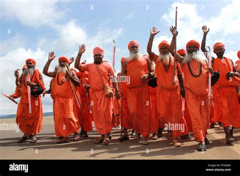 Group Of Sadhus In Saffron Colored Clothing Kumbh Mela Nasik