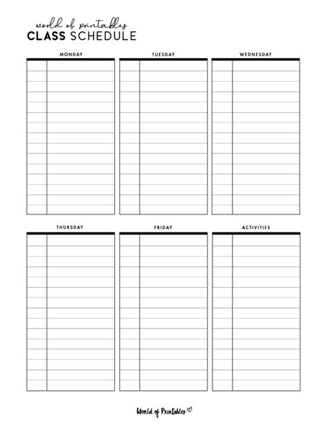 Class Schedule Templates World Of Printables