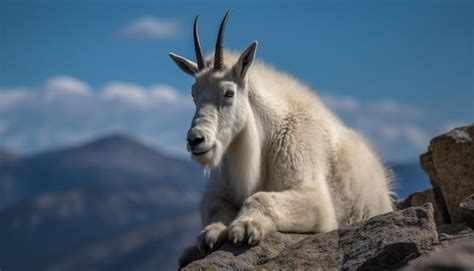 Une Chèvre De Montagne Est Assise Sur Un Rocher Avec Des Montagnes En