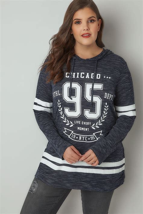 Navy Chicago Slogan Print Hooded Sweatshirt Plus Size 16 To 36