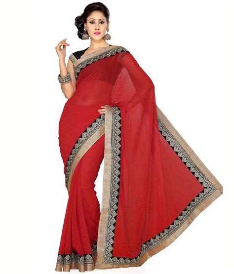 Saree Swarg Red Semi Chiffon Saree Buy Saree Swarg Red Semi Chiffon