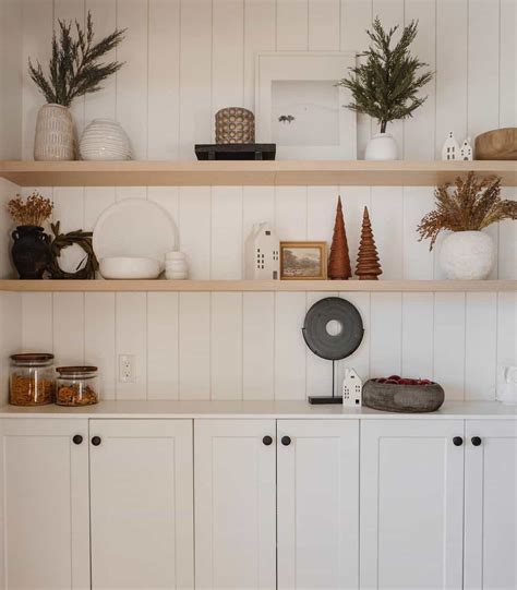 White Cabinets With Light Wood Floating Shelves Soul Lane