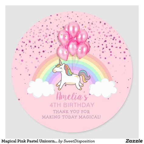 Magical Pink Unicorn Rainbow Birthday Thank You Classic Round Sticker Zazzle Rainbow Unicorn