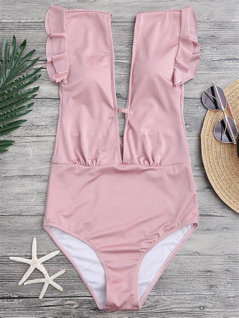 Frilled Plunge One Piece Swimsuit In Pink Zaful 2024