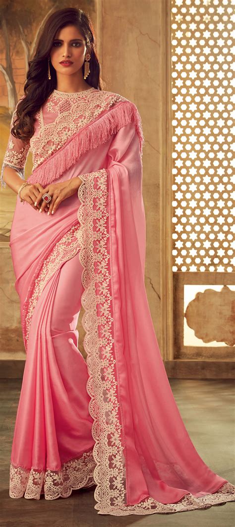 Traditional Pink And Majenta Color Satin Silk Silk Fabric Saree