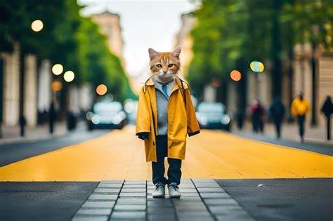 Premium AI Image | a cat in a raincoat with a yellow raincoat on the street