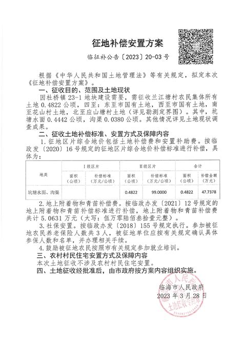 临海市人民政府关于公布征地补偿安置方案 临征补公告[2023]20 03号 的通知 杜桥镇兰江塘村