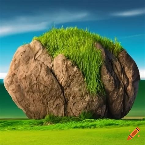 Wide View Of A Massive Rock With Grass Growing On It On Craiyon