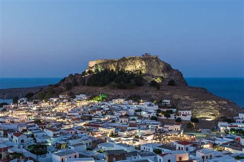 "Night View Of The White Houses And Acropolis Of Lindos On The Greek ...