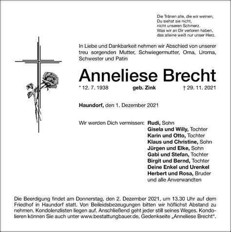 Traueranzeigen Von Anneliese Brecht Trauer Nn De