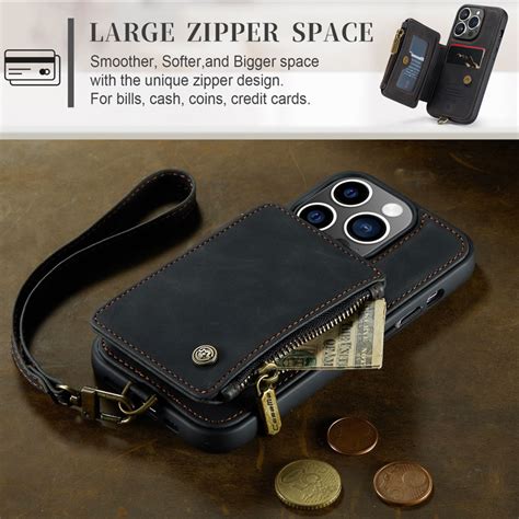 Caseme Iphone 14 Pro Leather Zipper Wallet Case With Rfid Blocking Card Slots And Wrist Strap Black