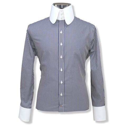 High Rounded Collar Shirt - John Clothier High Rounded Navy Blue Stripes